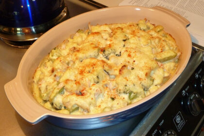 Chicken Divan from Scratch, served in a cast-iron casserole dish.