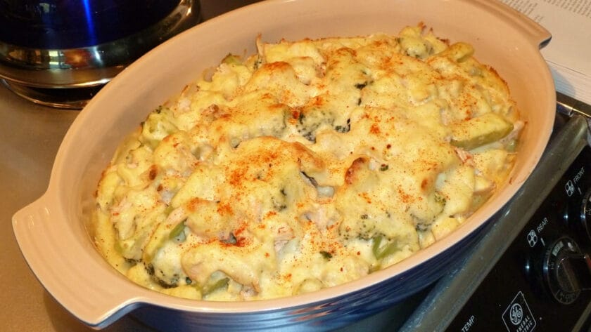 Chicken Divan from Scratch, served in a cast-iron casserole dish.