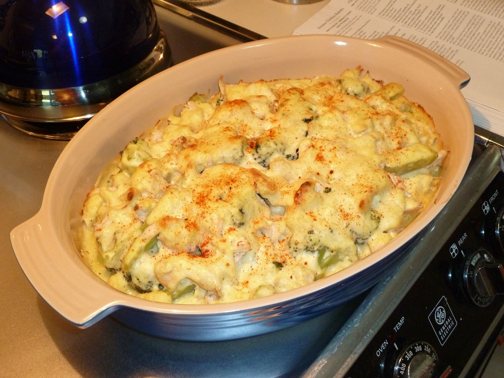 Chicken Divan from Scratch, served in a cast-iron casserole dish.