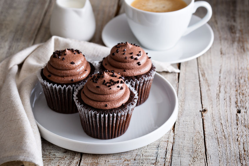 Rich Moist Chocolate Cupcakes, served with tea.