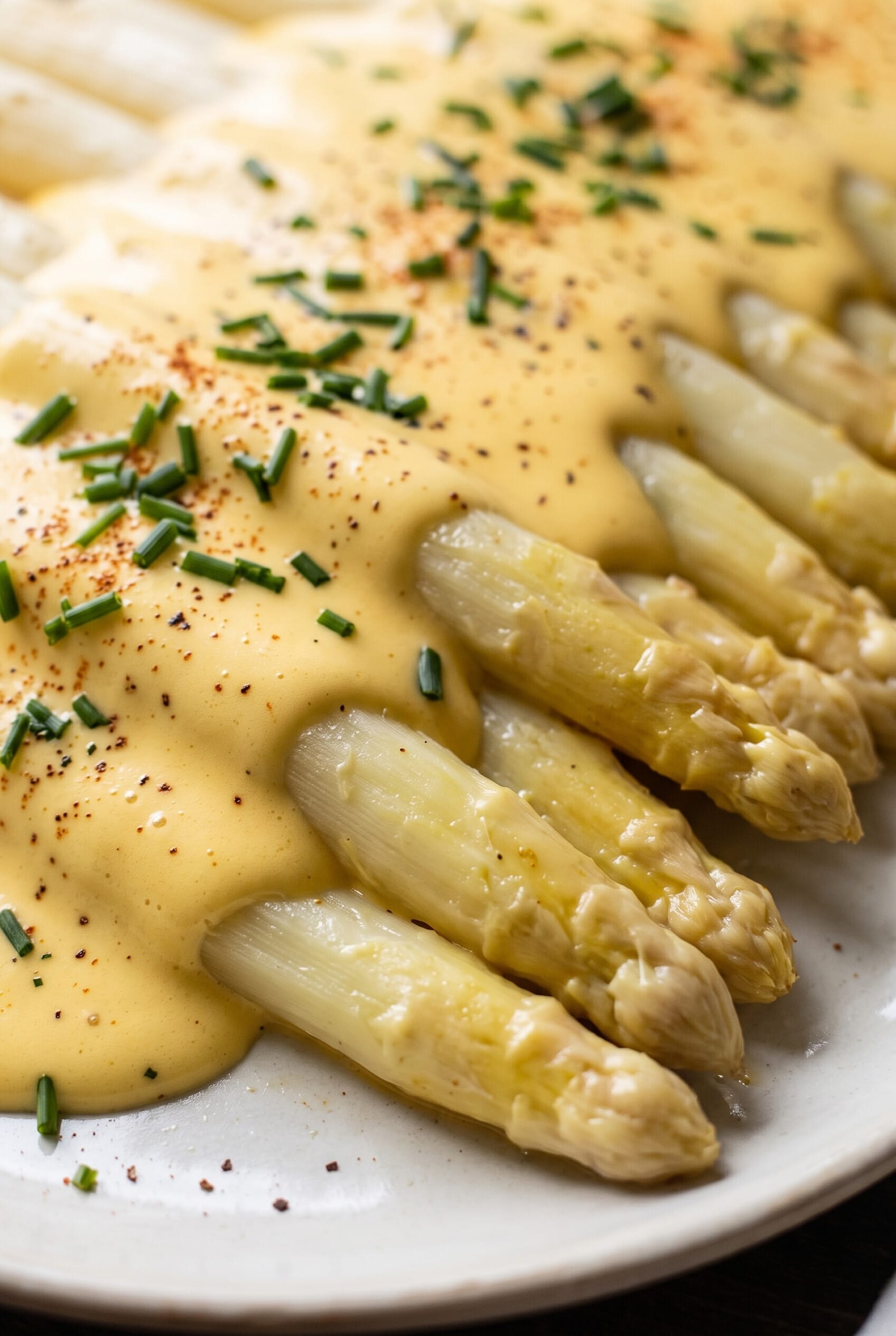 White asparagus spears with hollandaise sauce served on a platter