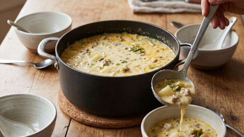 Sausage, Potato and Leek Soup being served from a stock pot into a bowl