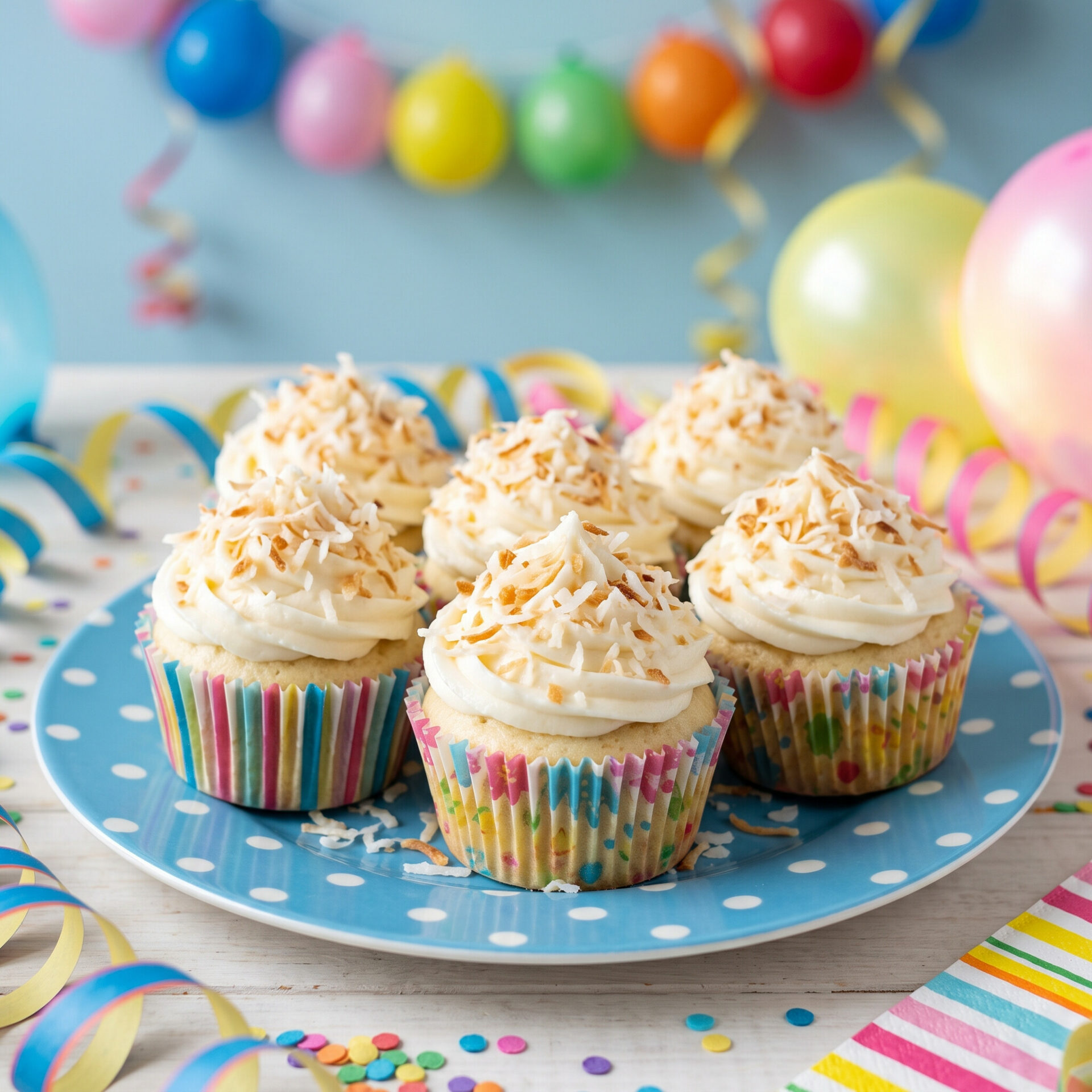 Coconut cream cupcakes on a plate at a birthday party