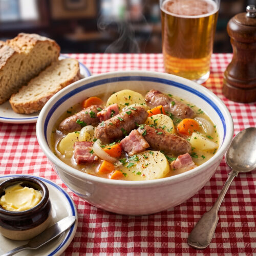 Dublin Coddle in a bowl with a soup spoon