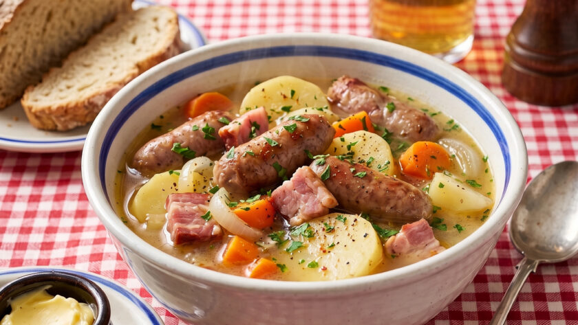 Dublin Coddle in a bowl with a soup spoon