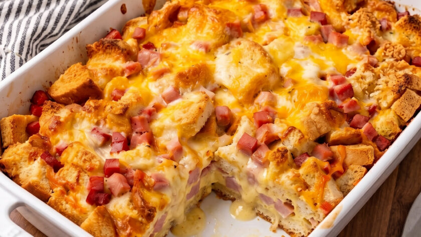 Ham and Cheese Strata in a serving dish
