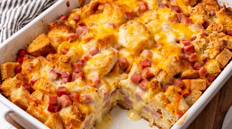 Ham and Cheese Strata in a serving dish
