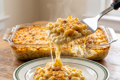 Ultra-creamy baked mac and cheese being served from a glass baking pan