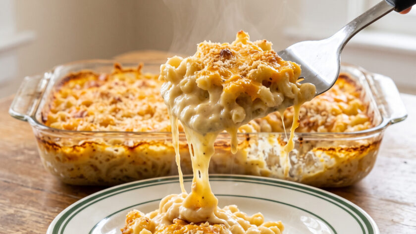 Ultra-creamy baked mac and cheese being served from a glass baking pan