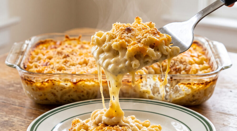 Ultra-creamy baked mac and cheese being served from a glass baking pan