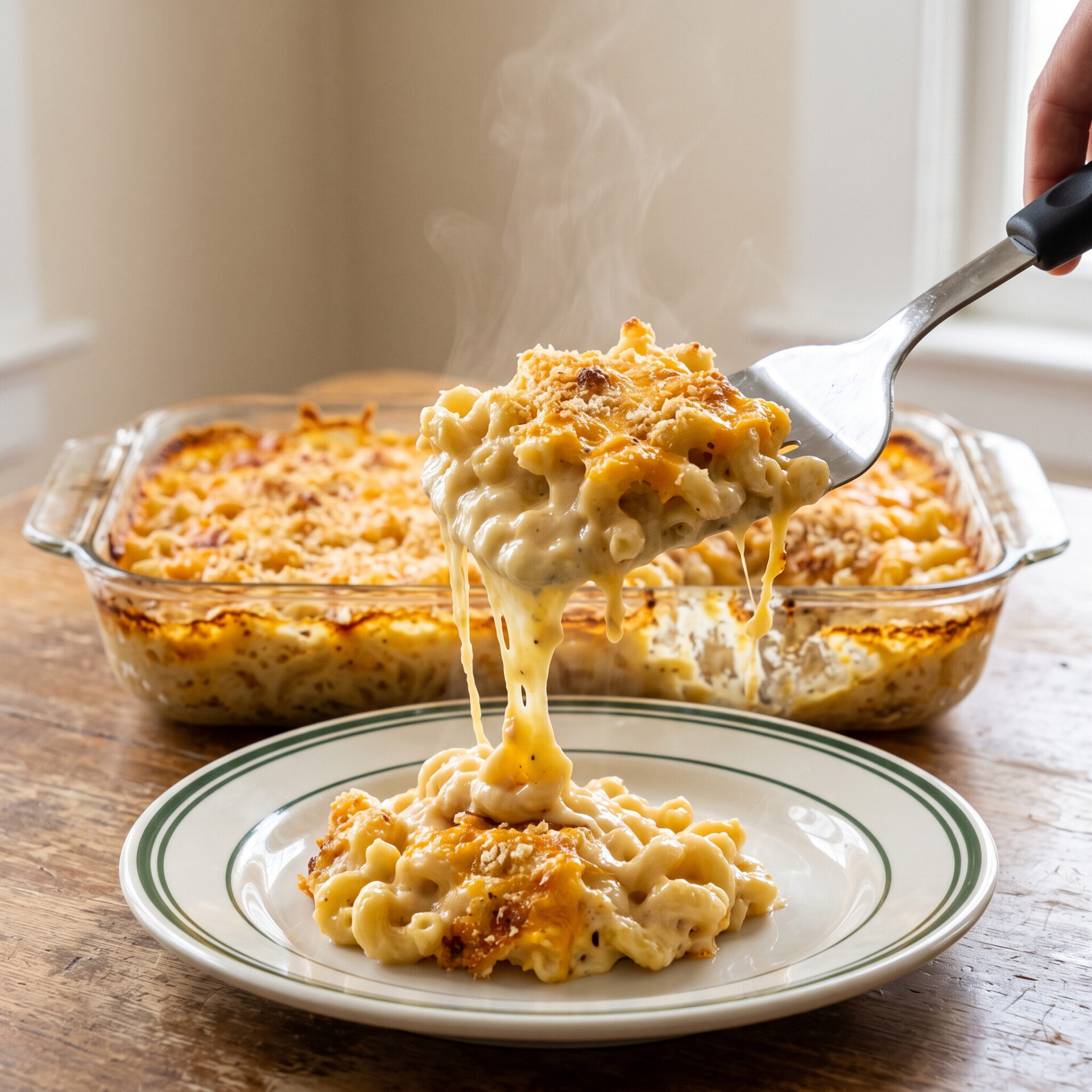 Ultra-creamy baked mac and cheese being served from a glass baking pan
