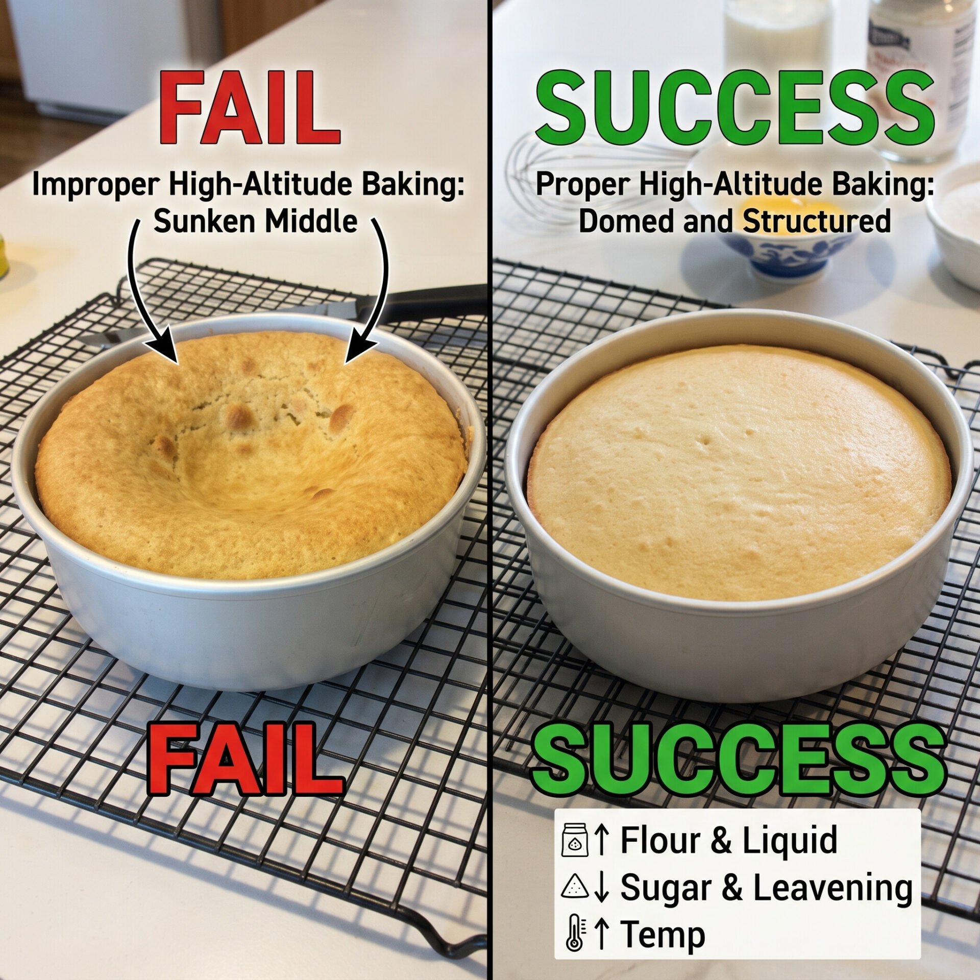 Two cakes displaying what high-altitude baking adjustments can do.