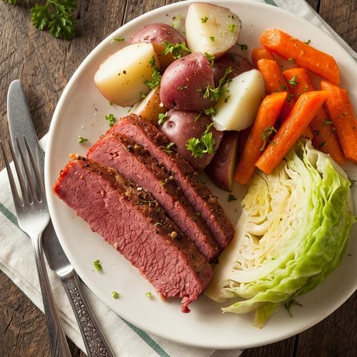 Baked Corned Beef and Cabbage with potatoes and carrots on a plate