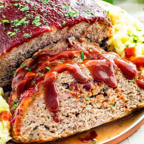 Quick and Easy Meatloaf served on a plate with Sambal ketchup