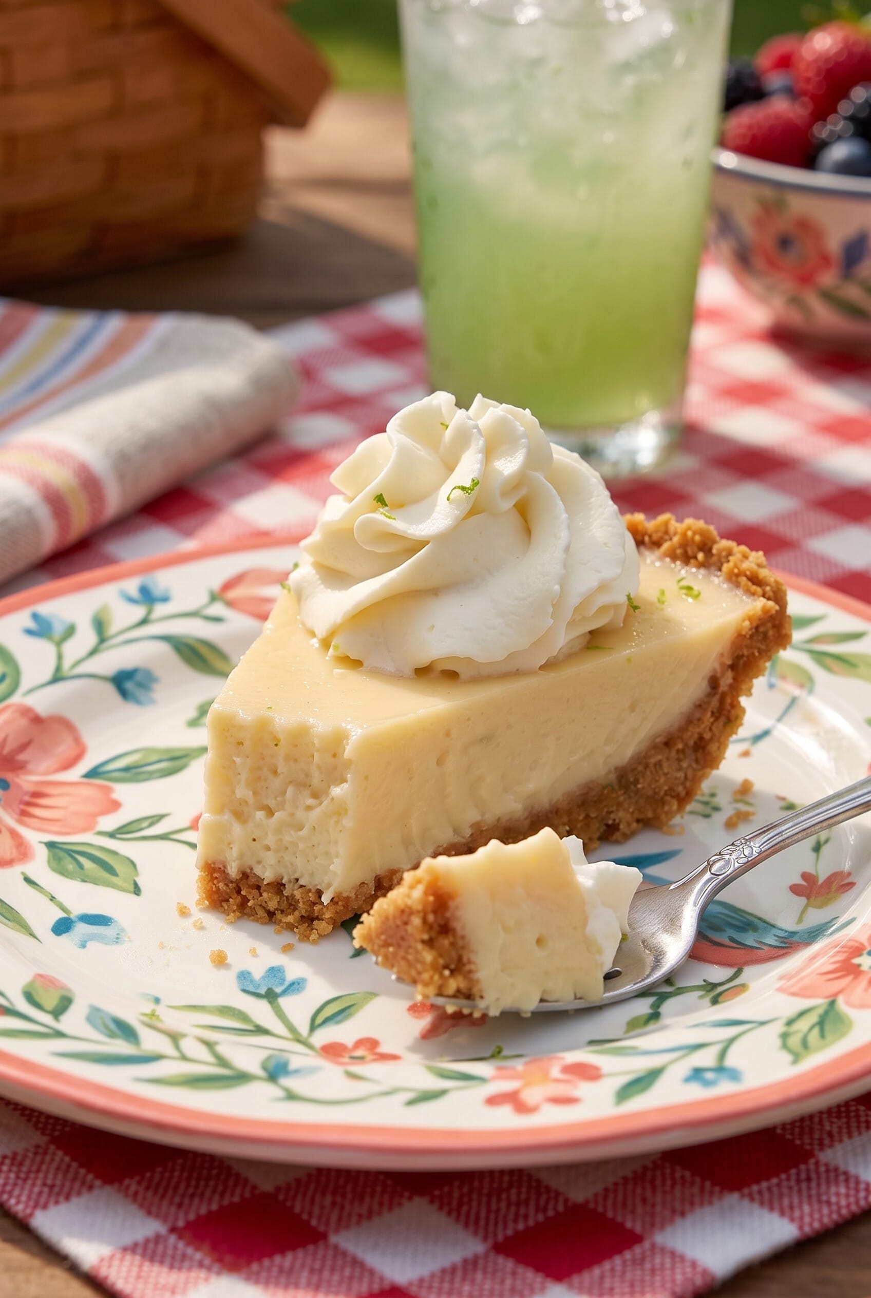 Tangy Key Lime Pie on a dessert plate at a picnic