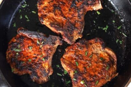 Best Pan Seared Pork Chops in cast iron skillet