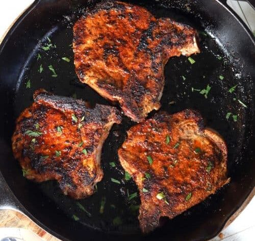 Best Pan Seared Pork Chops in cast iron skillet