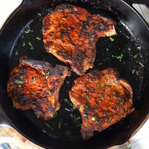 Best Pan Seared Pork Chops in cast iron skillet