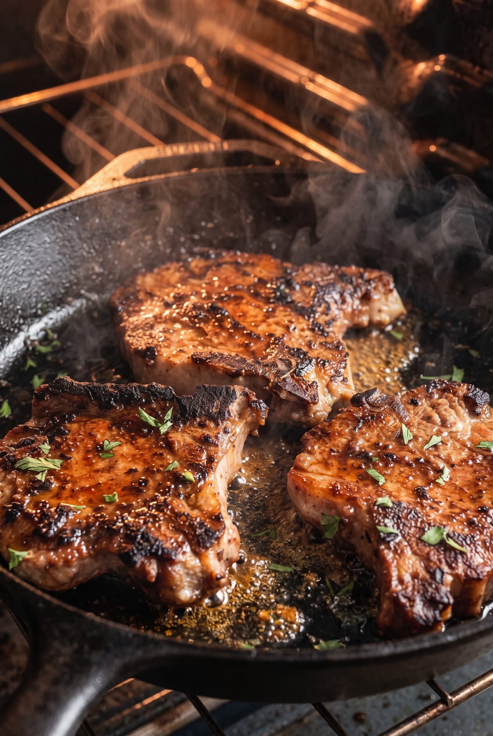 Pan-Seared Pork Chops coming out of a hot oven.