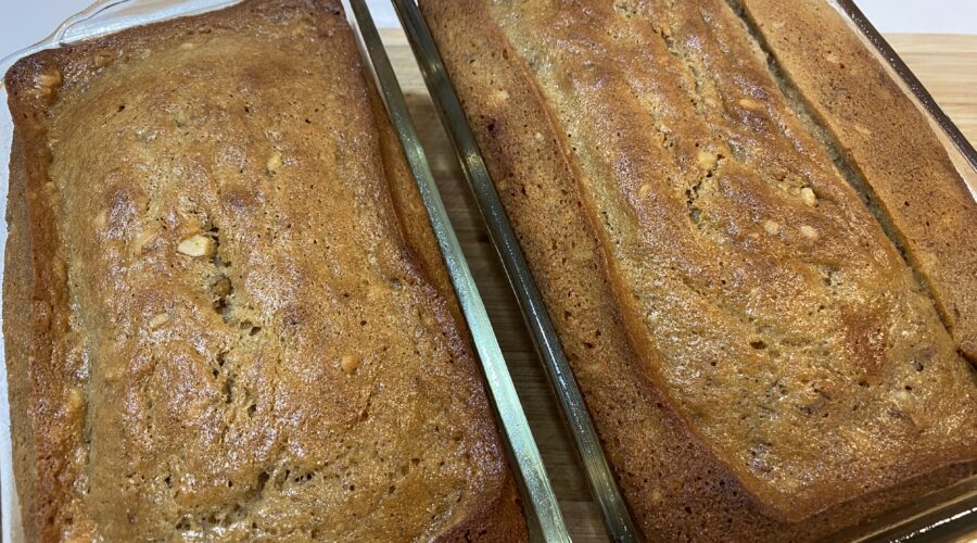 Two loaves of Easy Banana Bread Recipe in glass baking pans