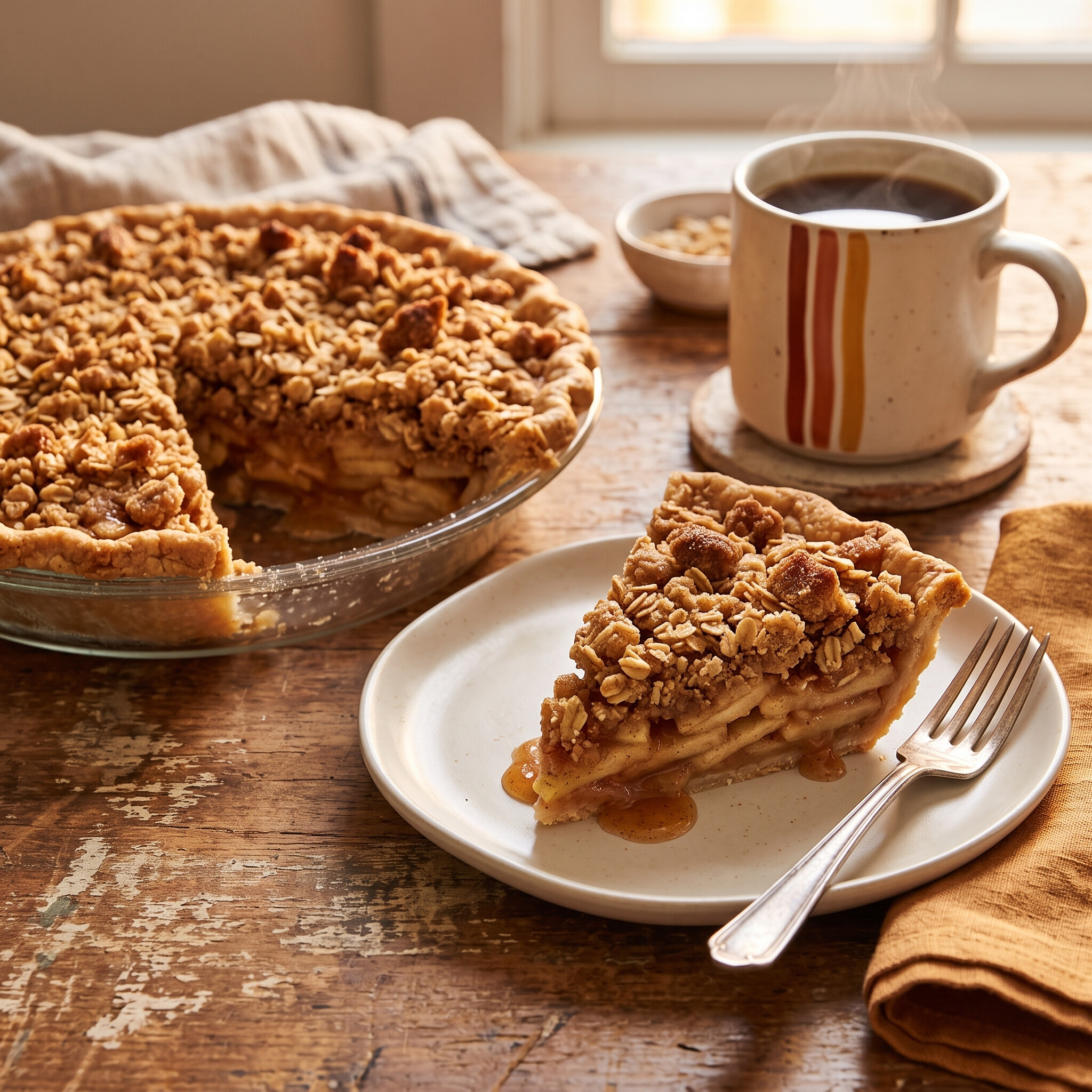 Homemade Apple Crumb Pie on a plate with a fork and coffee.