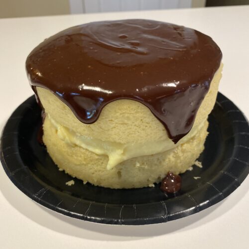 SmallBakes Boston Cream Pie. Yellow sponge cake with filling and chocolate glaze