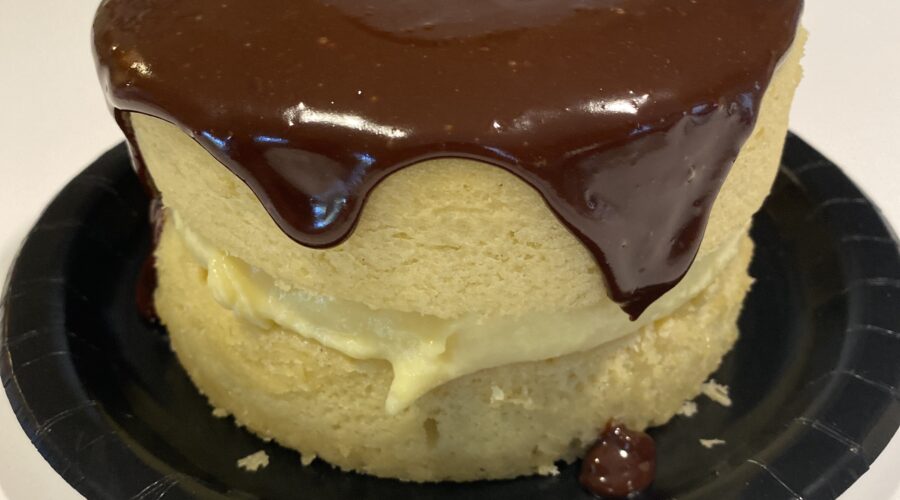 SmallBakes Boston Cream Pie. Yellow sponge cake with filling and chocolate glaze