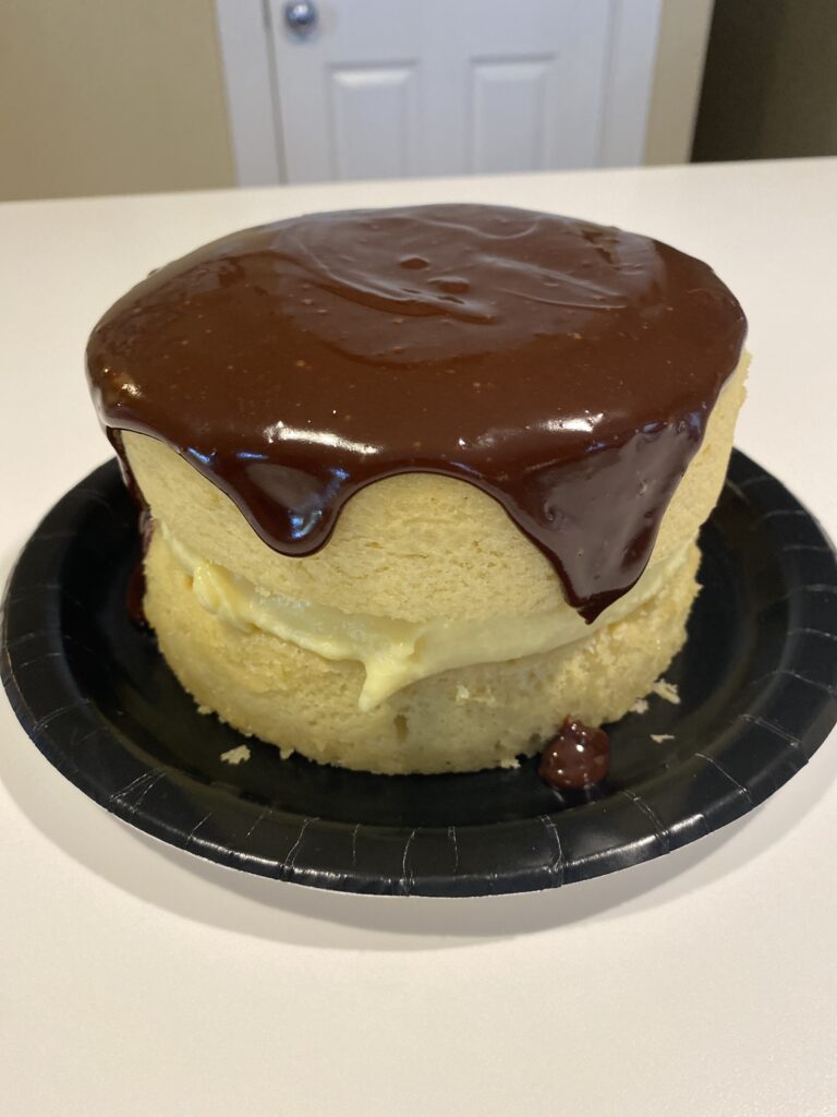 SmallBakes Boston Cream Pie. Yellow sponge cake with filling and chocolate glaze