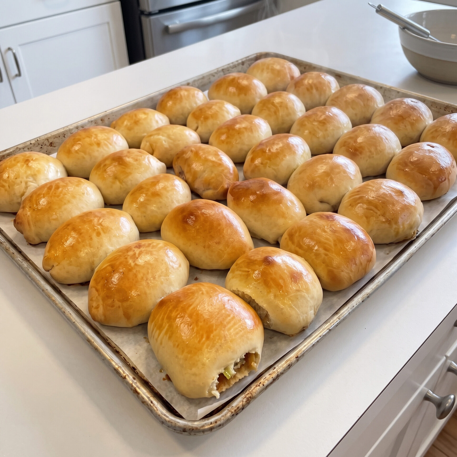a full sheet of freshly baked Kansas bierocks. 