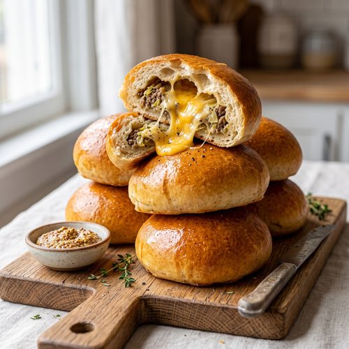 freshly-baked Kansas bierocks, oozing with cheese and filling.