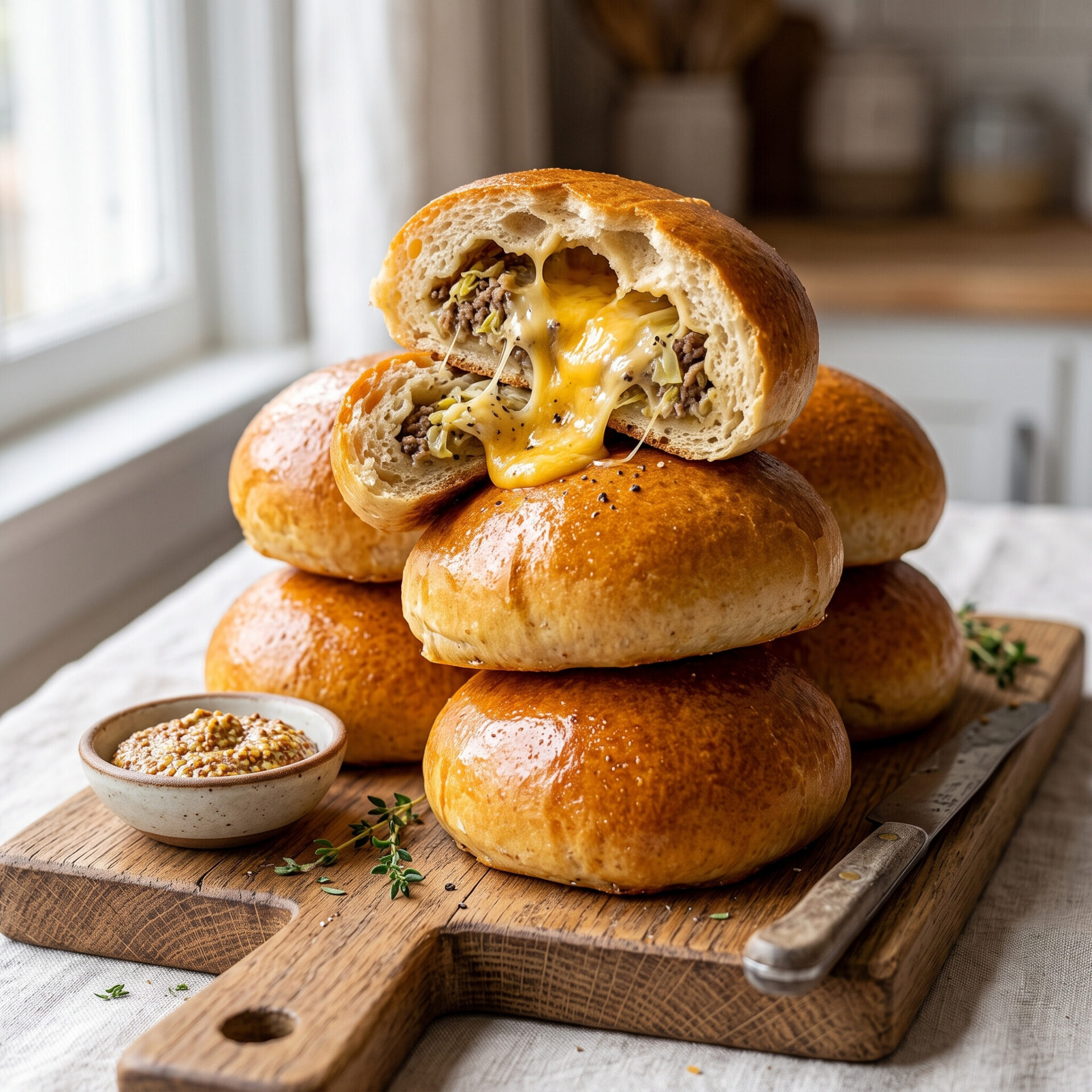 A vertical shot of a stack of freshly baked bierocks on a cutting board, one torn open to reveal the melted cheese and beef-cabbage filling inside, in a 2:3 format for Pinterest sharing.