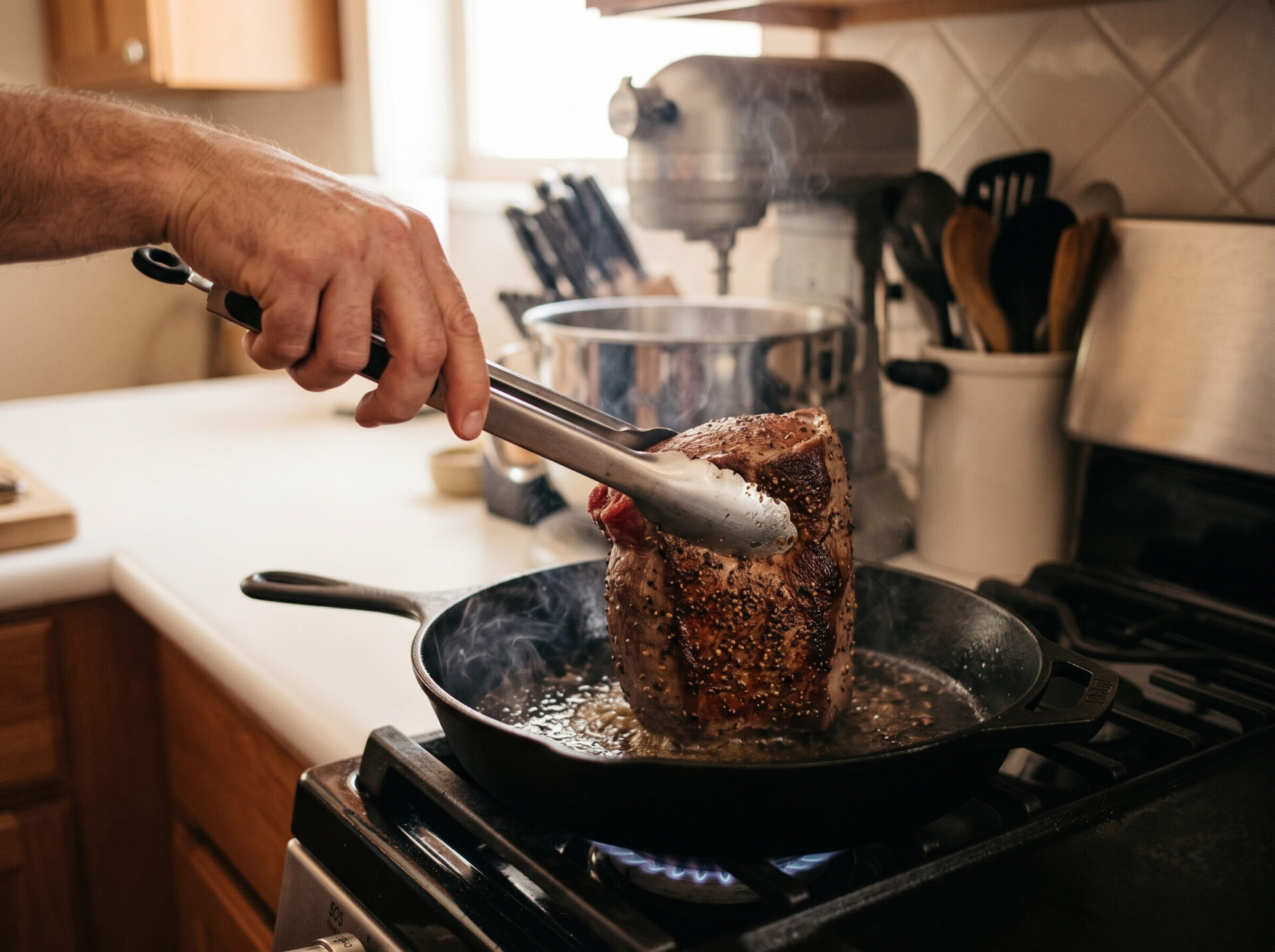 Searing an eye of round roast on all sides in a cast-iron skillet before slow roasting.