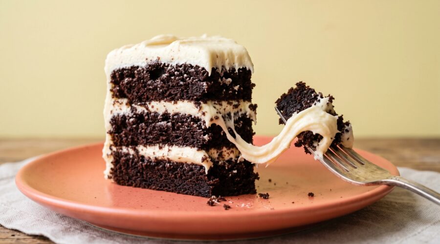White Chocolate Cream Cheese Buttercream on a frosted chocolate cake.
