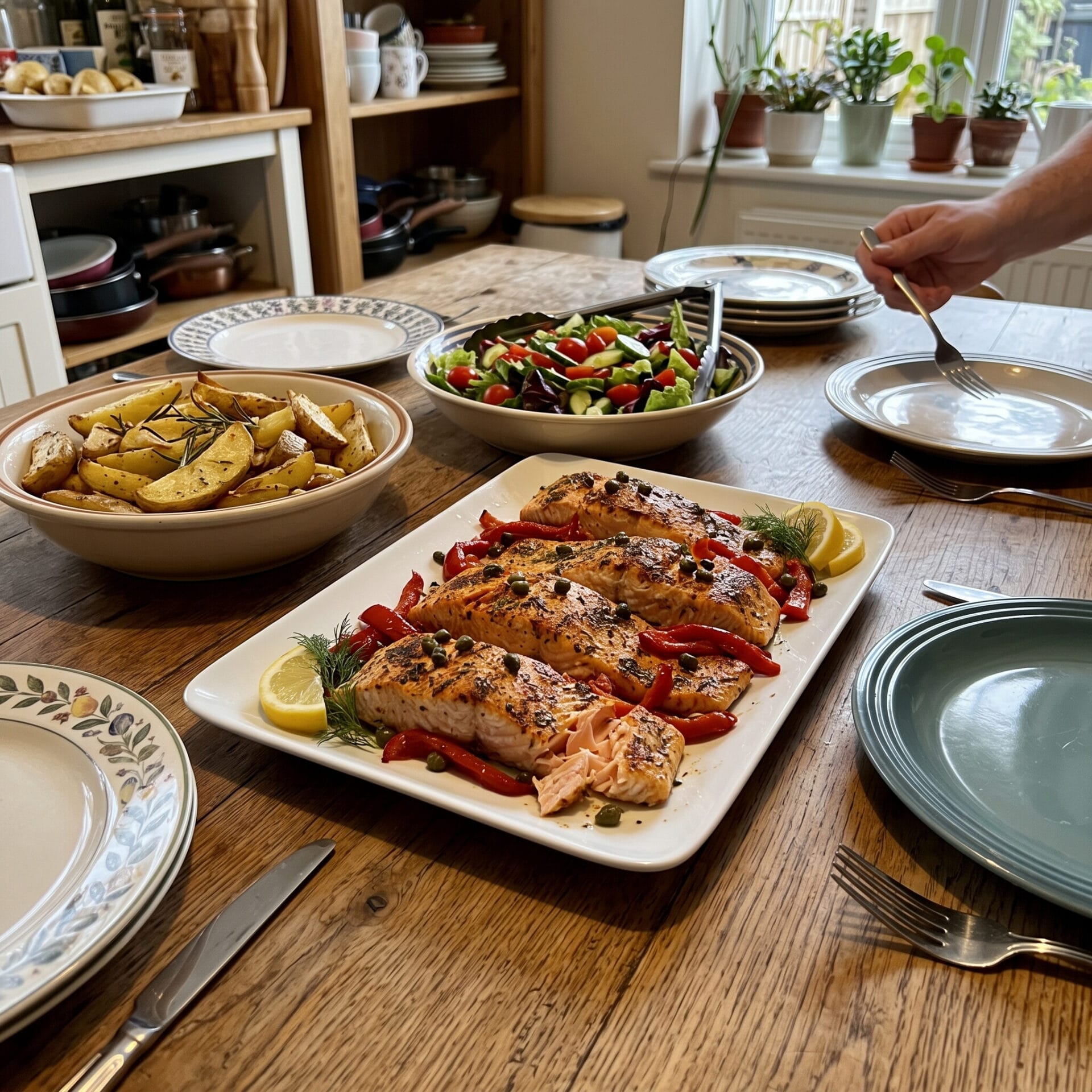 Baked salmon with roasted red peppers and capers served at a family dinner.