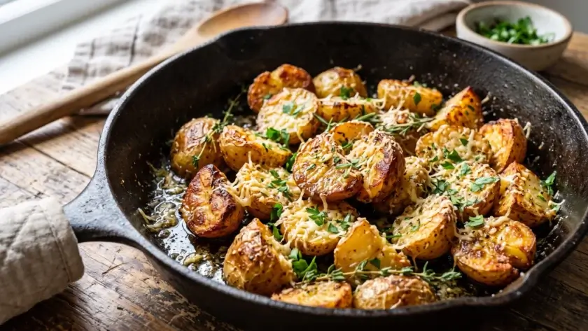 Roasted garlic butter parmesan potatoes in a skillet