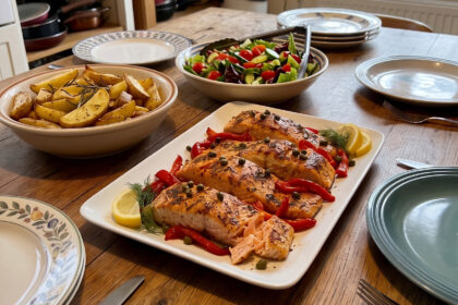 Baked salmon with capers and roasted peppers being served in a family kitchen