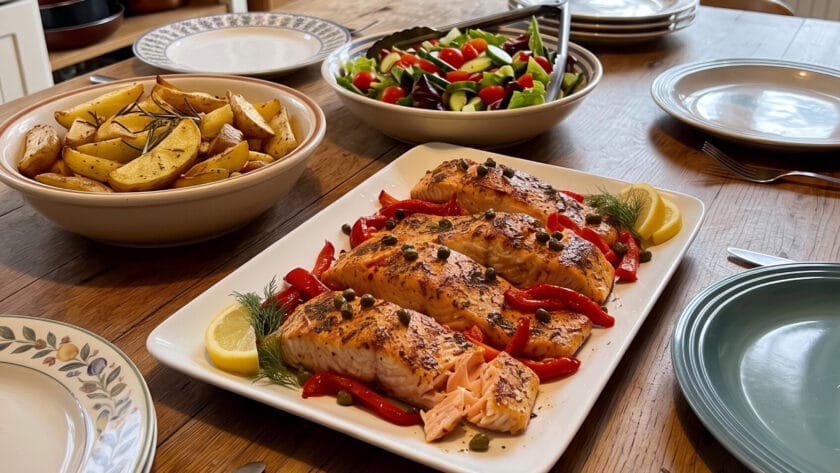 Baked salmon with capers and roasted peppers being served in a family kitchen