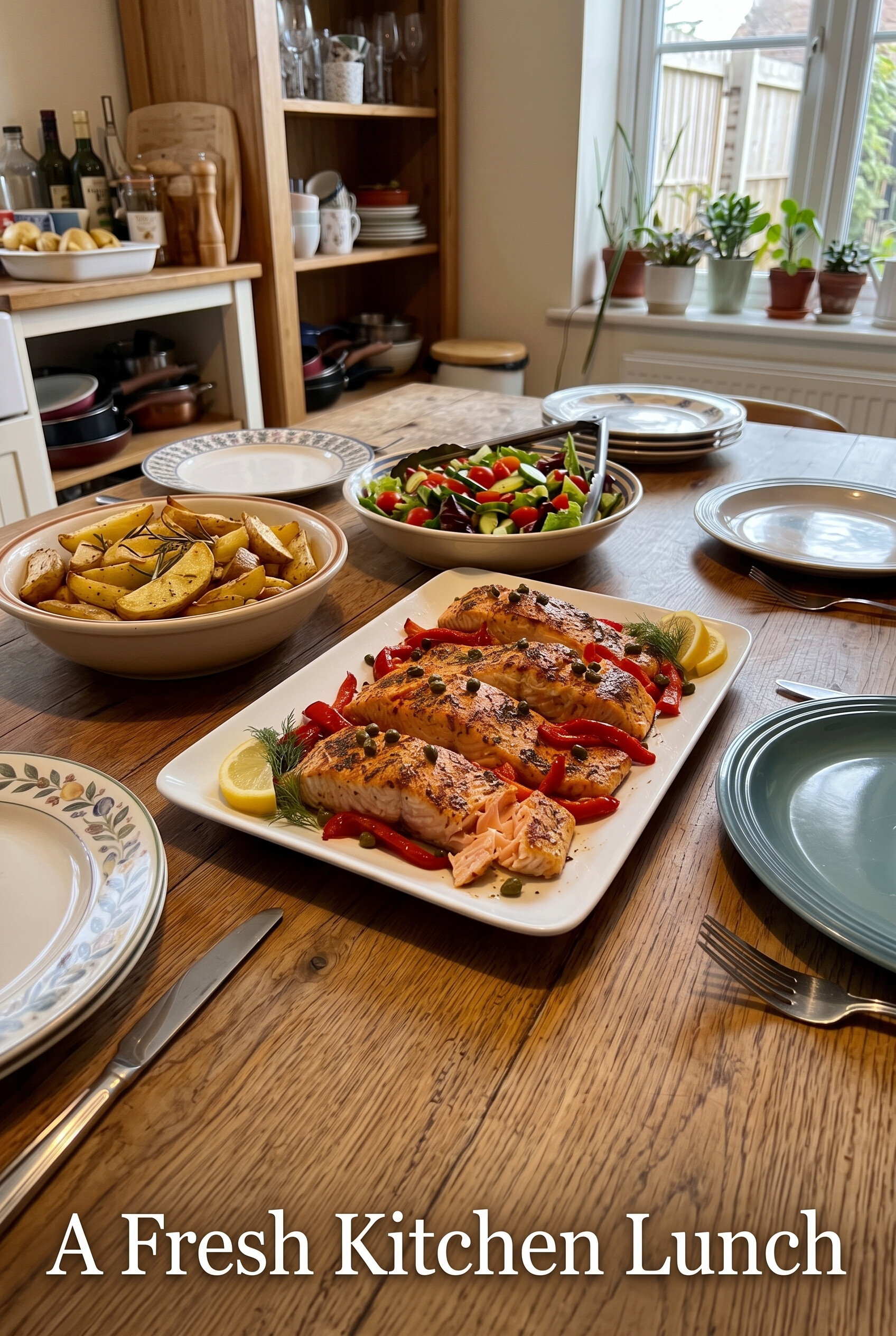Baked salmon with capers and roasted peppers being served in a family kitchen