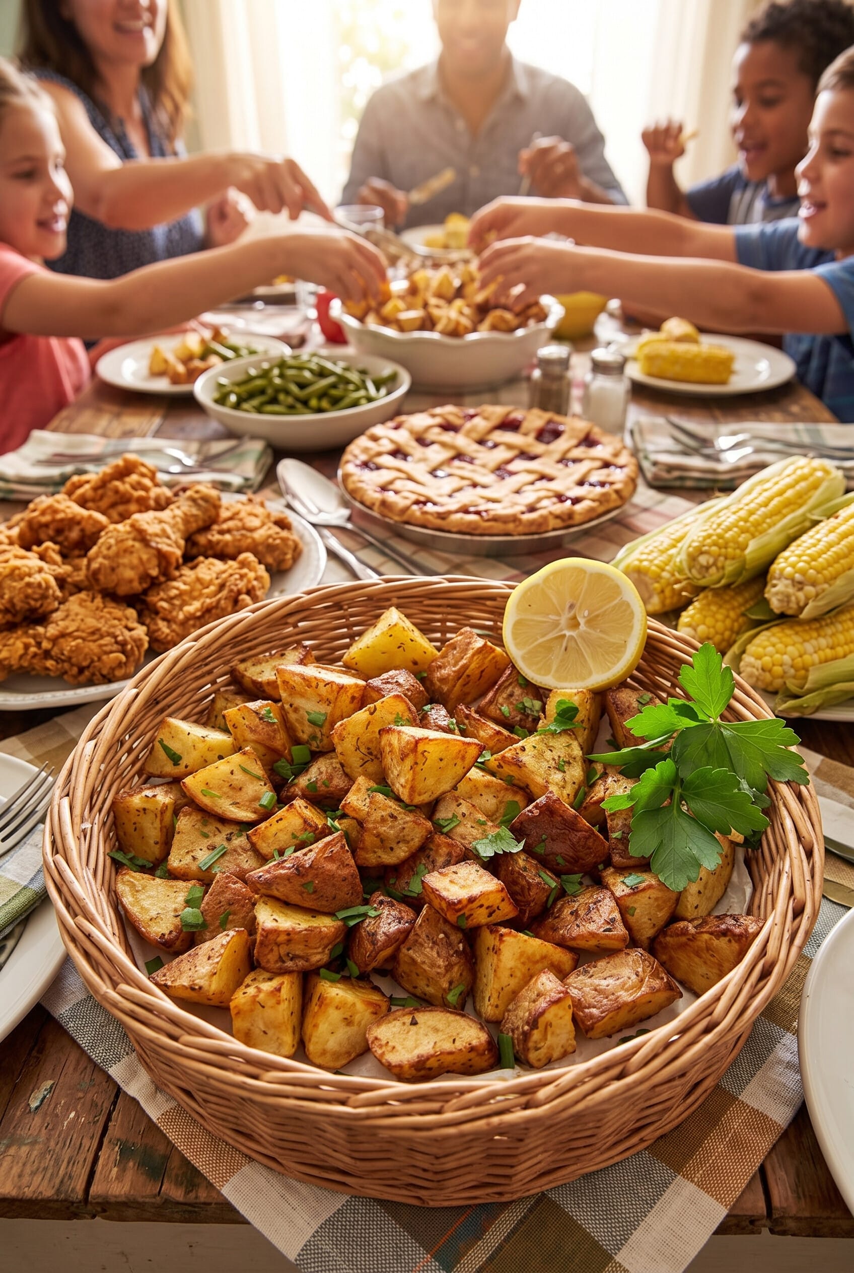 air fryer roasted potatoes in a basket on a table with other foods