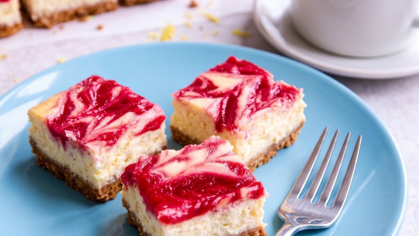 Lemon Raspberry Cheesecake Bars sitting on a plate with a fork.
