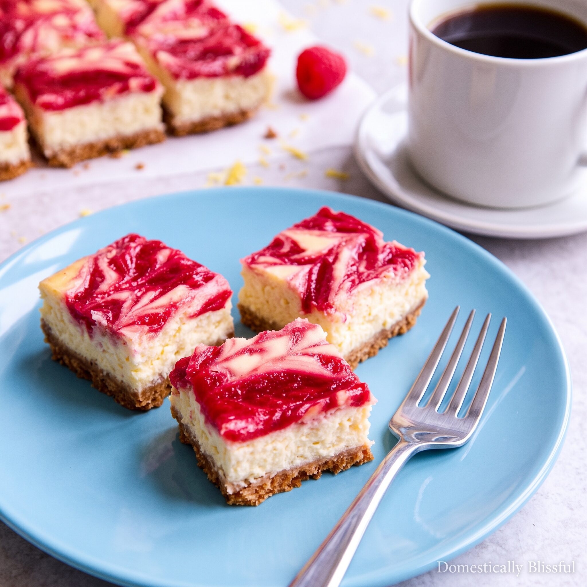 Lemon Raspberry Cheesecake Bars sitting on a plate with a fork.