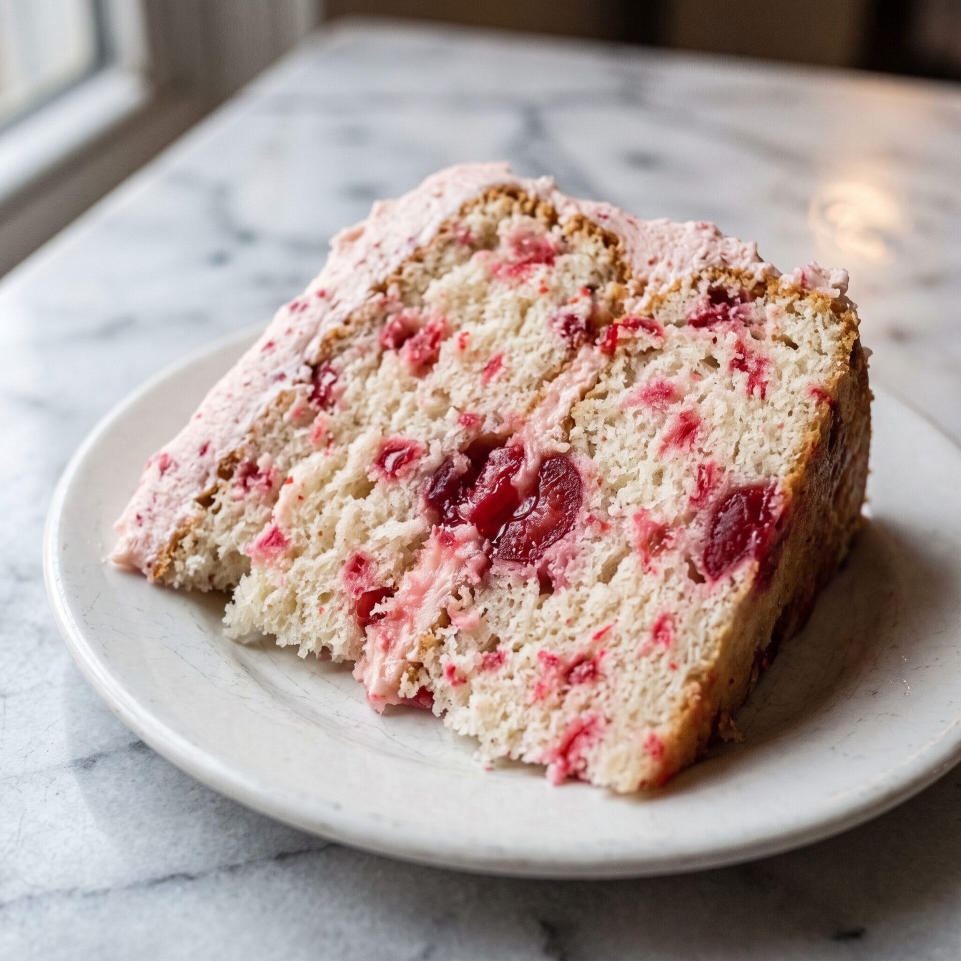 Maraschino Cherry Cake on a dessert plate