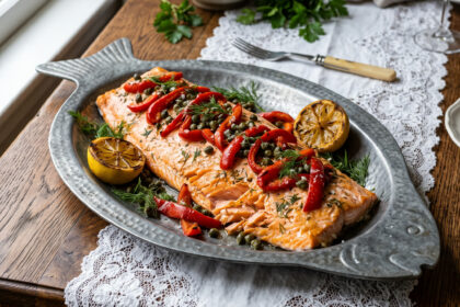 Baked Salmon filet, topped with roasted red peppers and capers