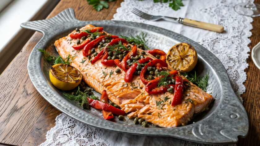 Baked Salmon filet, topped with roasted red peppers and capers