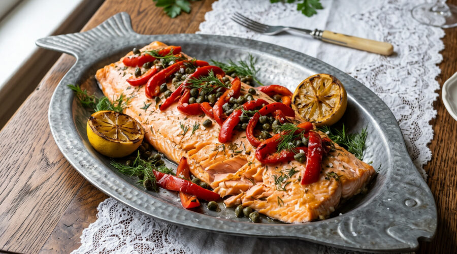 Baked Salmon filet, topped with roasted red peppers and capers