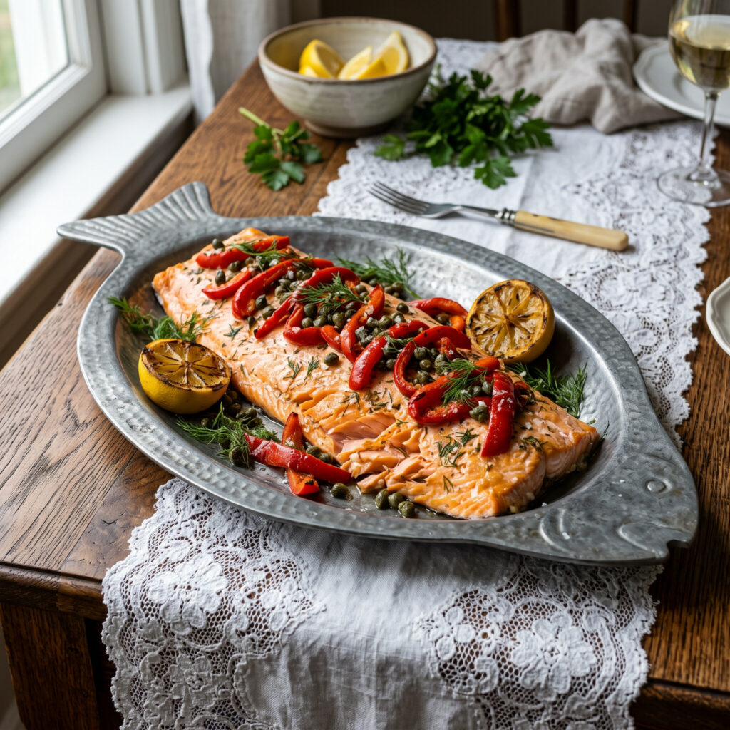 Baked Salmon filet, topped with roasted red peppers and capers