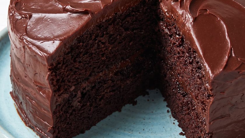 High-Altitude chocolate cake on a serving plate