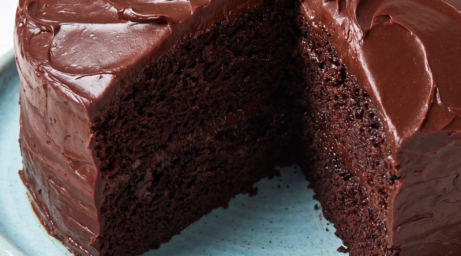 High-Altitude chocolate cake on a serving plate