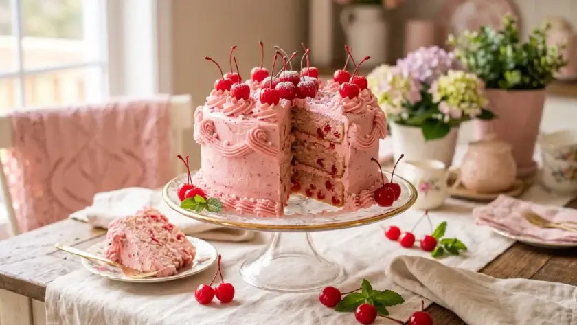Layered Cherry Cake with Pink Buttercream on a cake stand