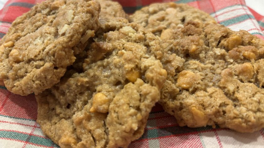 Oatmeal Butterscotch Cookies resting on a tea towel